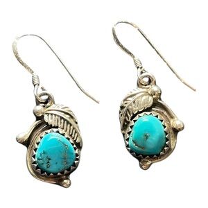 Vintage Sterling Silver Turquoise Leaf Drop Earrings Southwest Style